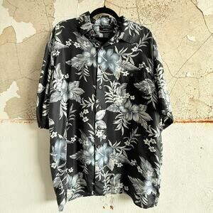 Vintage Silk Traders Hawaiian Shirt Black Floral Island Style Size XL